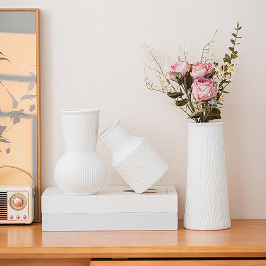 White Ceramic Vases Set of 3, Home Decorative Vase,Rustic Farmhouse Decor, for Your Kitchen, Bedroom, Office, Living Room, Bathroom, & Shelf Centerpiece Table Decorations (White)