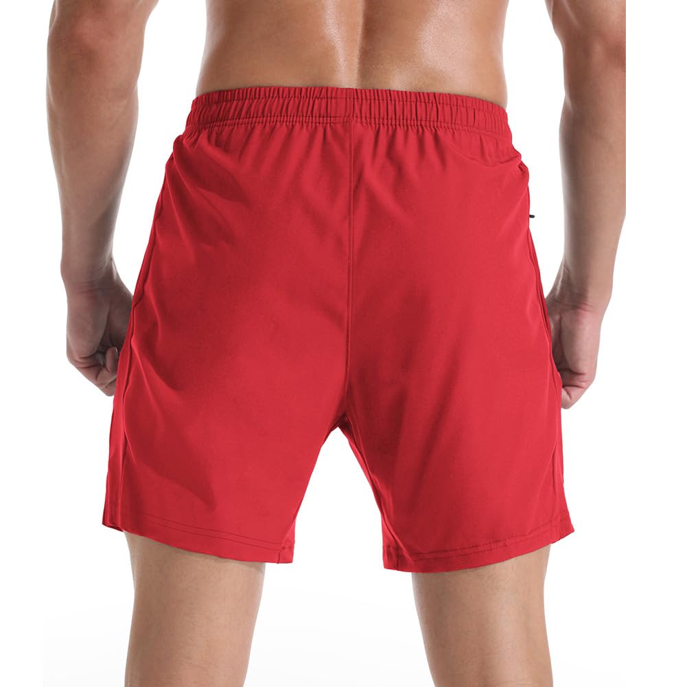 Gerlobal Men's 7" Athletic Running Shorts Lightweight Quick Dry Gym Workout Shorts with Zipper Pockets Red,Large