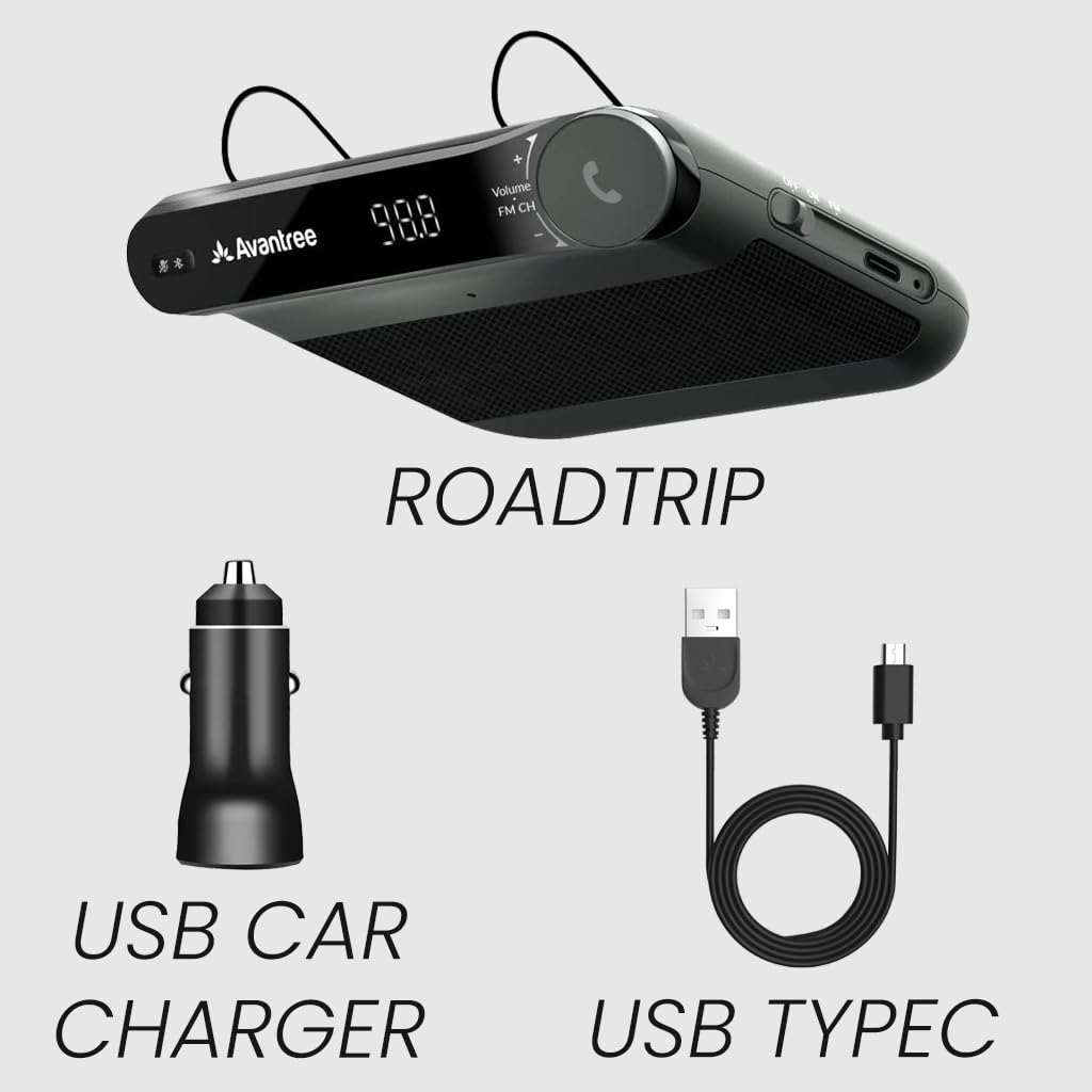 Avantree Roadtrip - Car Bluetooth Speaker & Wireless FM Transmitter Kit 2-in-1 for Streaming Cell Phone Audio to Car Speaker with Hands-Free 6W Speakers, Built-in Mic, and Long 22hr Playtime