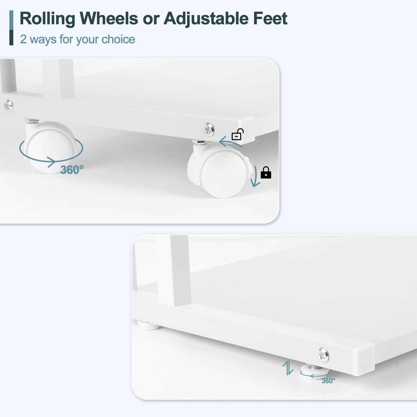 Printer Stand Under Desk Printer Table with Wheels 2 Tier Small Printer Cart with Storage Bag Desktop White Printer Stands for Home Office Fax Machine Scanner Files (White)