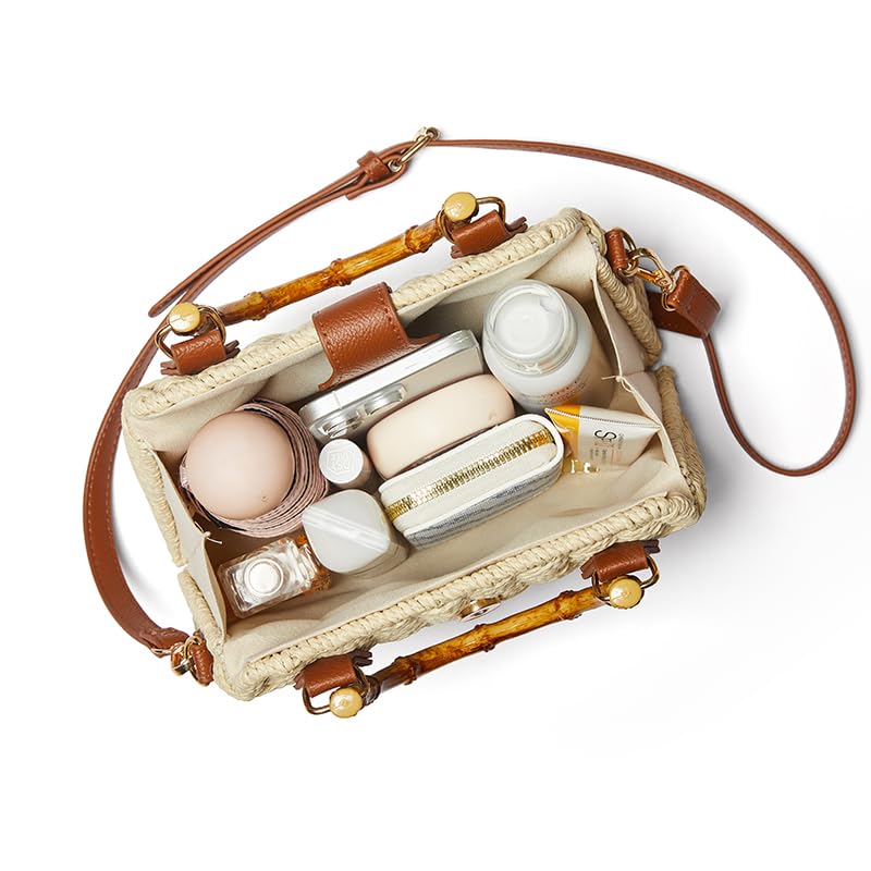 Woven Straw Handbag Beach Bag with Bamboo Handle, Brown Leather Trim, Crossbody and Adjustable Strap, Natural (beige)