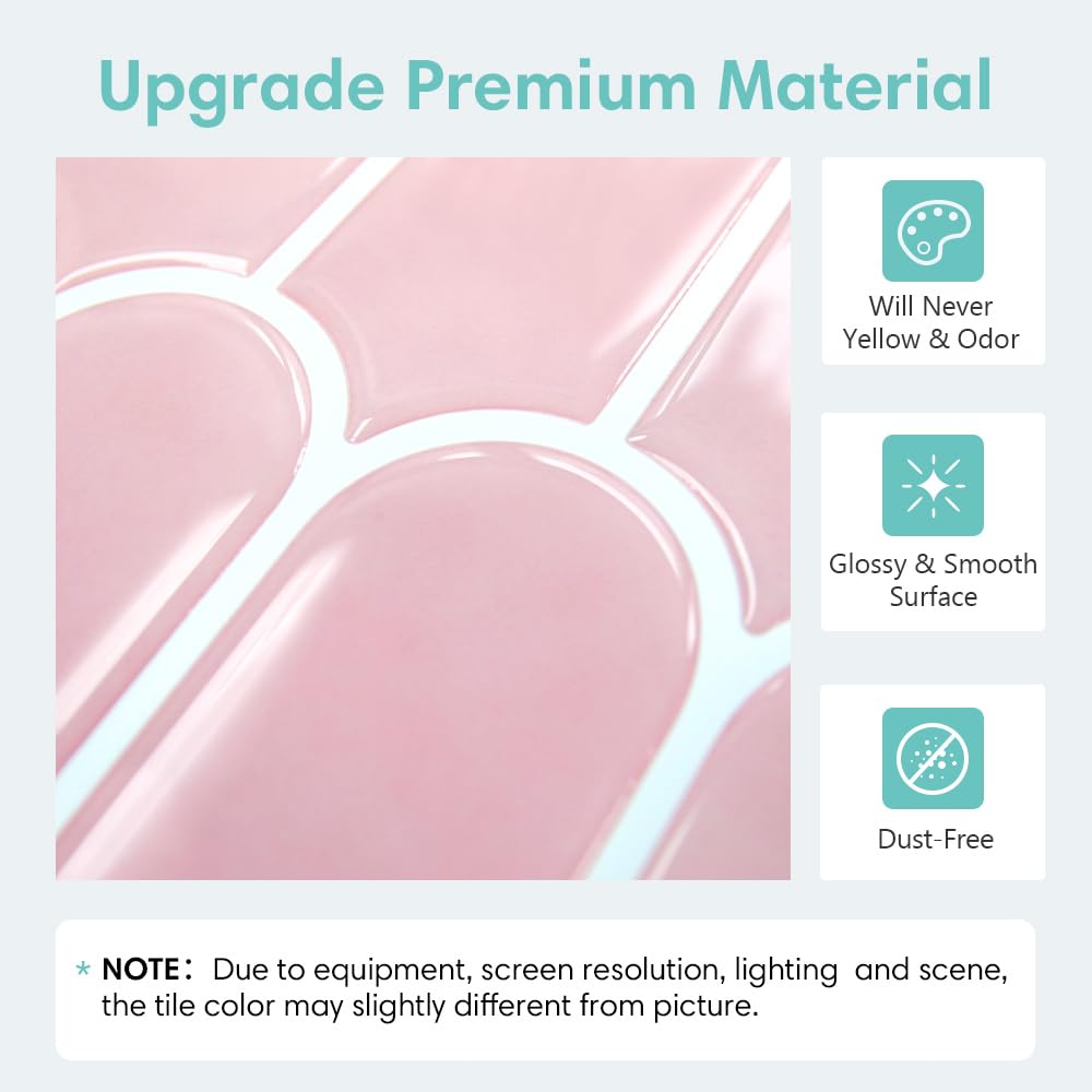Commomy Thicker Pink Peel and Stick Backsplash - 10 pcs of 12" x 12" - 3D Adhesive Peel and Stick Tiles Backsplash for Kitchen, Bathroom, Removable, Waterproof, Vinyl Wall Tile