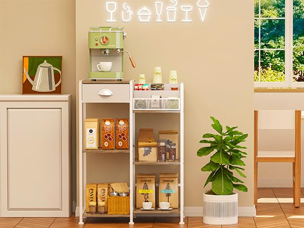Coffee Bar Station with Drawer, 6 Tier Coffee Table with Dividers for Organizing, 3 Tier White Storage Stand for Living Room/Kitchen/Bathroom