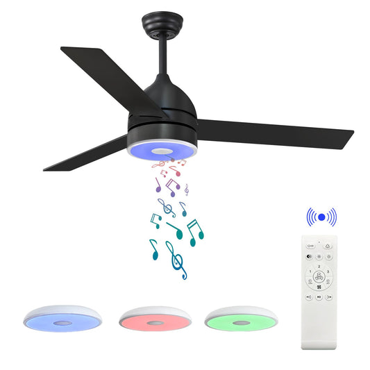 ASALL Black 52 Inch Ceiling Fan with RGB Dimming LED Light,with Music Bluetooth Speaker,with Remote Control,3-Speed Regulation, Reversible Motor,Timing,for Living Room,Bedroom,Restaurant