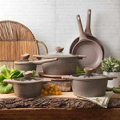 KASANOVA Pots and Pans set for cooking nonstick, 10Pcs, Durable Aluminum cookware set, PFOA-free, Kitchen pans set with glass lid, Induction safe, Taupe (10)