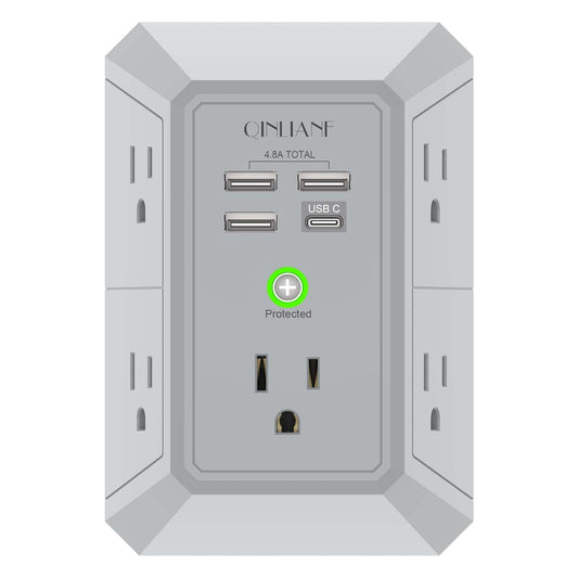 USB Wall Charger, Surge Protector, QINLIANF 5 Outlet Extender with 4 USB Charging Ports (4.8A Total) 3-Sided 1680J Power Strip Multi Plug Outlets Wall Adapter Spaced for Home Travel Office(3U1C),Grey