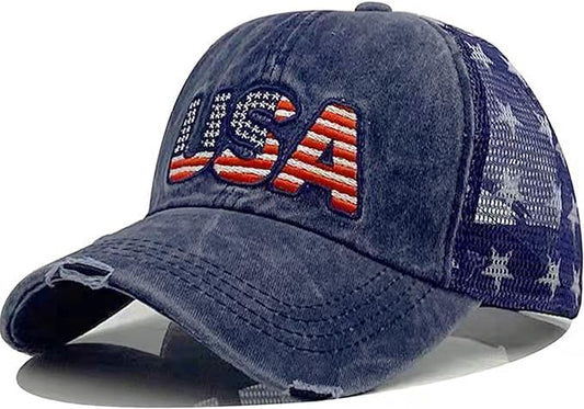 Patriotic-USA-Baseball-Caps Woman-Man-Washed-Worn-Out-Mesh-Sun-Hat for 4th July (Size M)