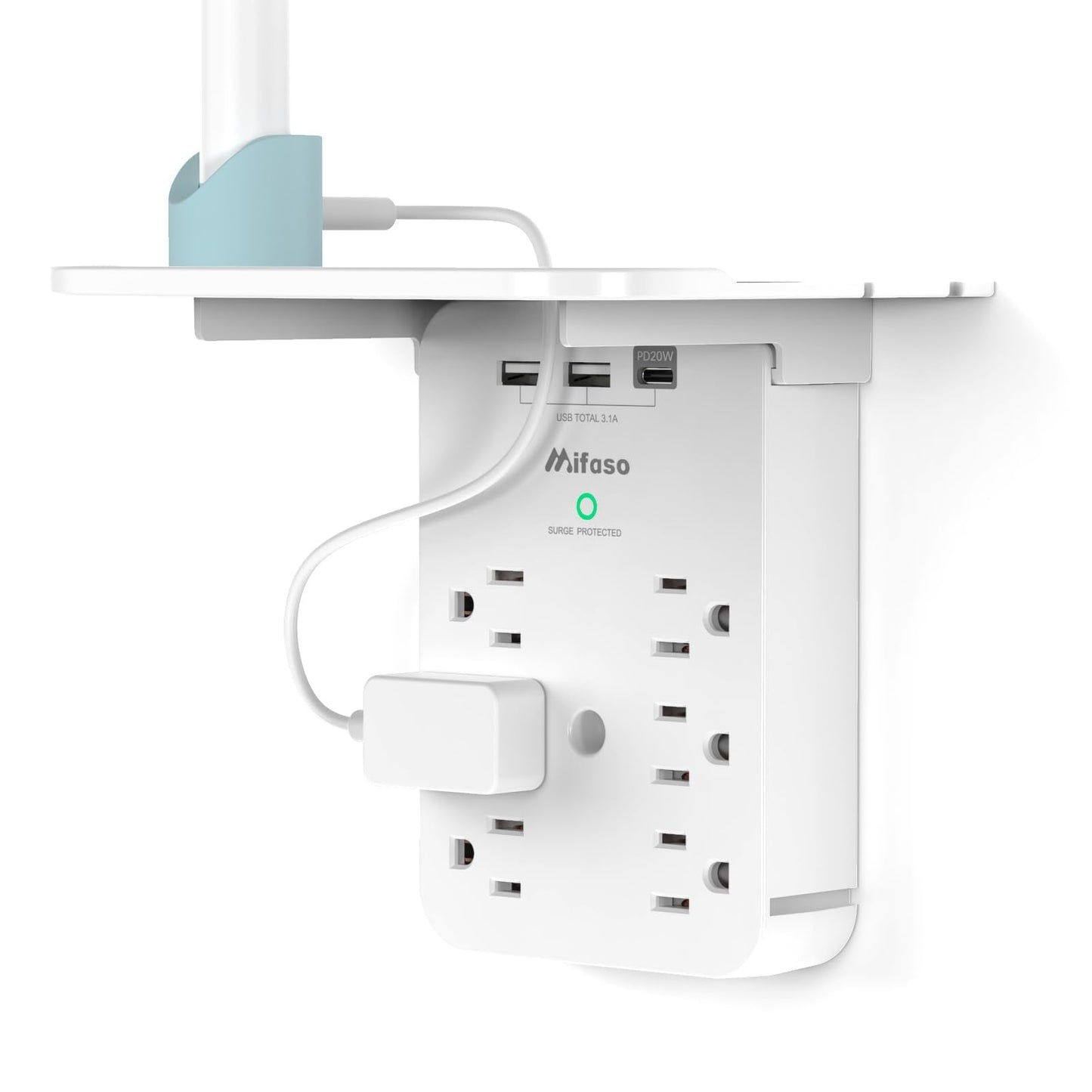 Wall Outlet Extender with Surge Protector, 20W USB-C Charger, 6 AC Outlets, Shelf, 2 USB & USB C Charging Ports - Home & Dorm Plug Expander