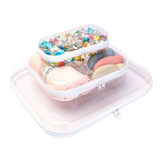 Calantre 3PCS Clear Hard Shell Zipper Cases, Portable Clear Organizer Pouches for Home Storage, Double Zippered Plastic Travel Case, Cosmetic Bag for Make Up Tools, Toiletries, Toy Storage(White)