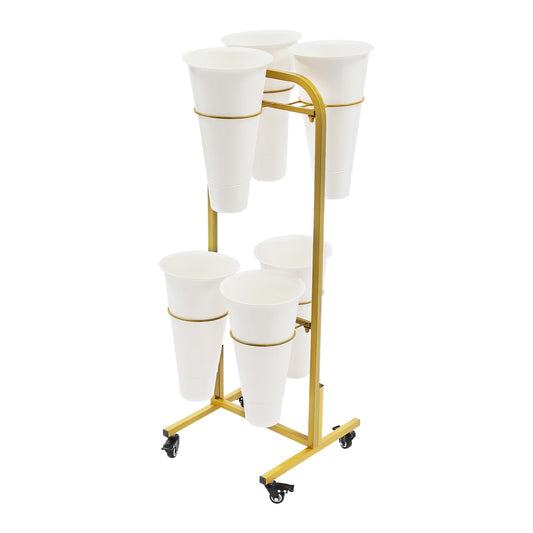 Nozue Flower Display Stand, 2Layers Metal Plant Stand with Wheels, with 6pcs Buckets, Portable Plant Moving Cart Frame for Indoor, Florist, Living Room (Gold - White Round Bucket)