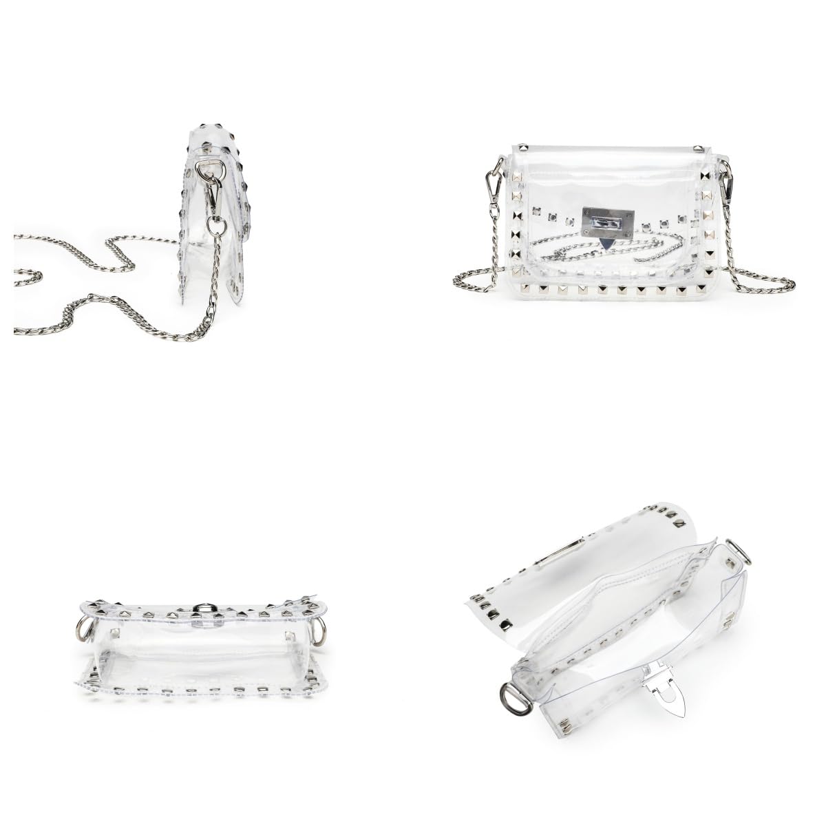 SharPlus Clear Crossbody Purse Bag for Women Stadium Approved with Silver Studded Rivet, Clear PVC Clutch Handbag for Concert & Game Day