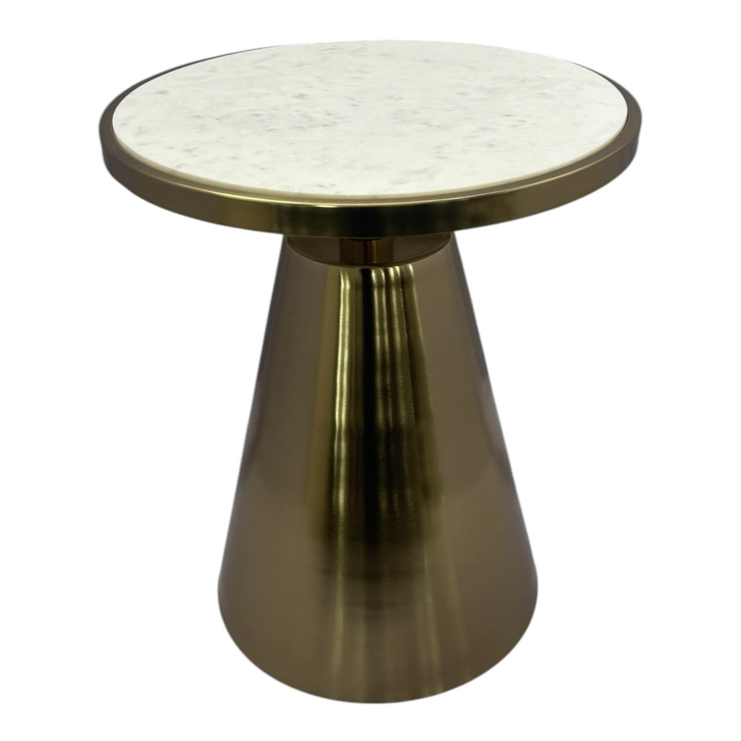 Modern Round Side Table with Marble Top, Gold Metal Base, Conical Design