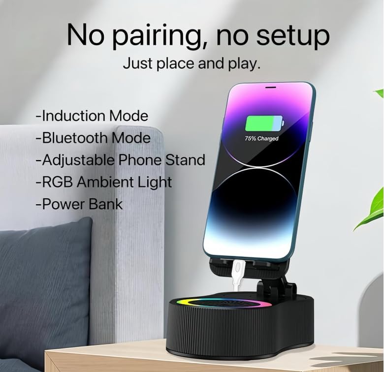 5-in-1 Wireless Induction Bluetooth Speaker Stand with Foldable Phone Holder, Power Bank & Ambient Light — Desktop/Home, Plastic/Metal Composite (Minimalist Design) (White)