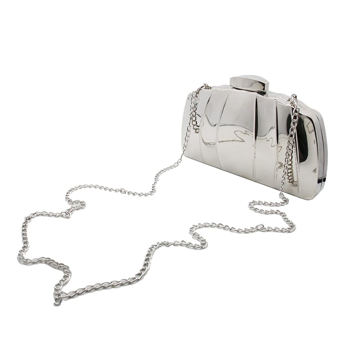 PENGZHI Women Sparkly Metal Clutch Purse Unique Metallic Evening Bag Wedding Clutch Metal Box Handbag Purse Party Shoulder Bag, Silver