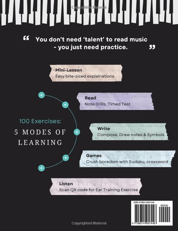 Piano Note Reading Workbook for Beginners: 100 Exercises with Ear Training, Games, Notespeller, Timed Drills & Mini-Lesson: Learn Music Theory & How to Read Music (Answer Key & Audio Included)