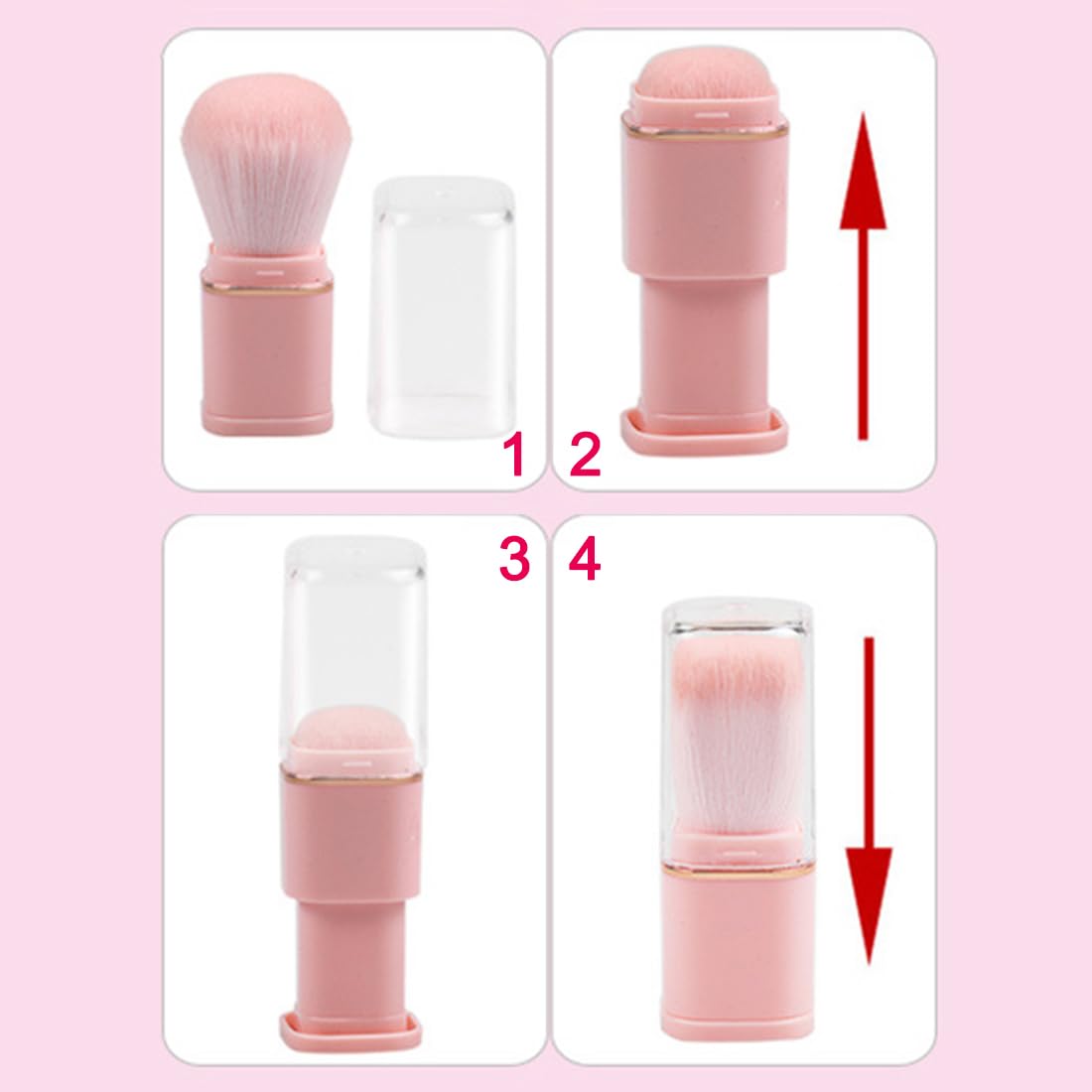 Reazana Retractable Kabuki Brushes 2pcs Powder Foundation Brush Contour Blush Bronzer Face Blender Brush Liquid Cream Mineral Buffing Blending Makeup Brushes Thick Dense Soft Synthetic Fibers (Pink)