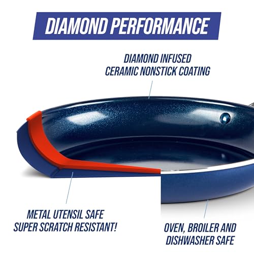Blue Diamond 20 Piece Nonstick Cookware Set, Diamond Ceramic Pots & Pans, Dishwasher & Metal Utensil Safe, Non Toxic PFAS-Free, Kitchen Cooking Sauce & Saute Pans, Oven & Broiler to 600F, Blue