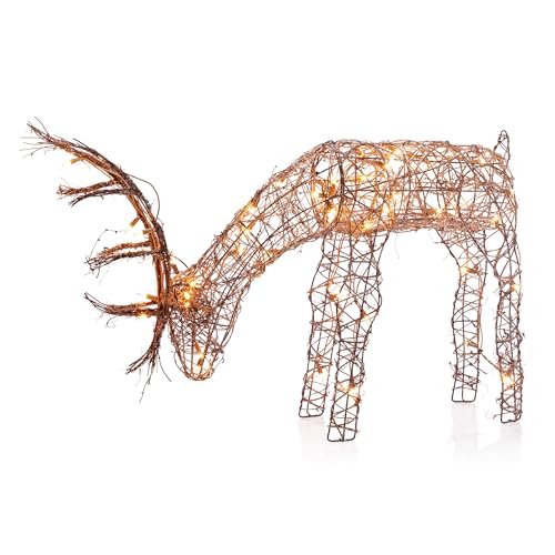 Alpine Corporation 24"H Outdoor Rattan Grazing Reindeer Lawn Decoration with White Lights , Christmas Decoration