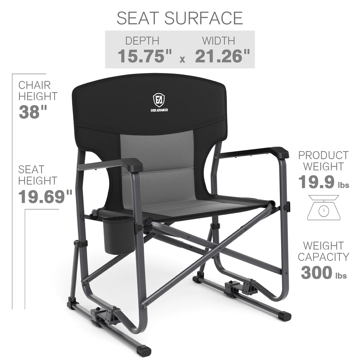 EVER ADVANCED Rocking Chair Outdoor, Quick Set Rocker Camping Chair for Adult, Foldable Rocker Chair Lightweight, Portable Folding Rocker Chair for Patio, Living Room, Balcony, Supports 300 LBS, Black