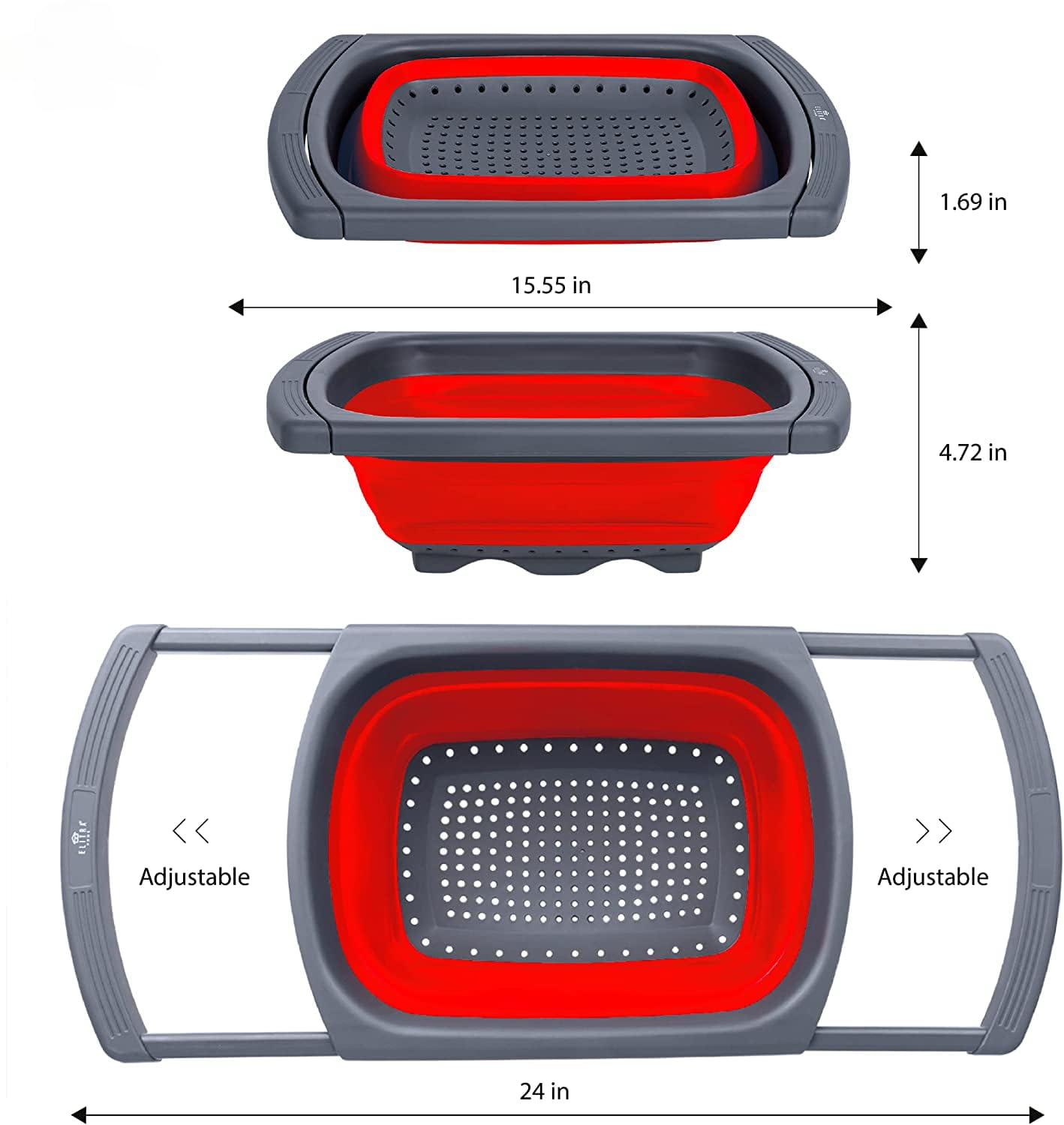 Collapsible Colander Strainer with Extendable Handles - Over the Sink Vegetable/Fruit Colanders Strainers for Kitchen, Capacity of 6 quart (Red)