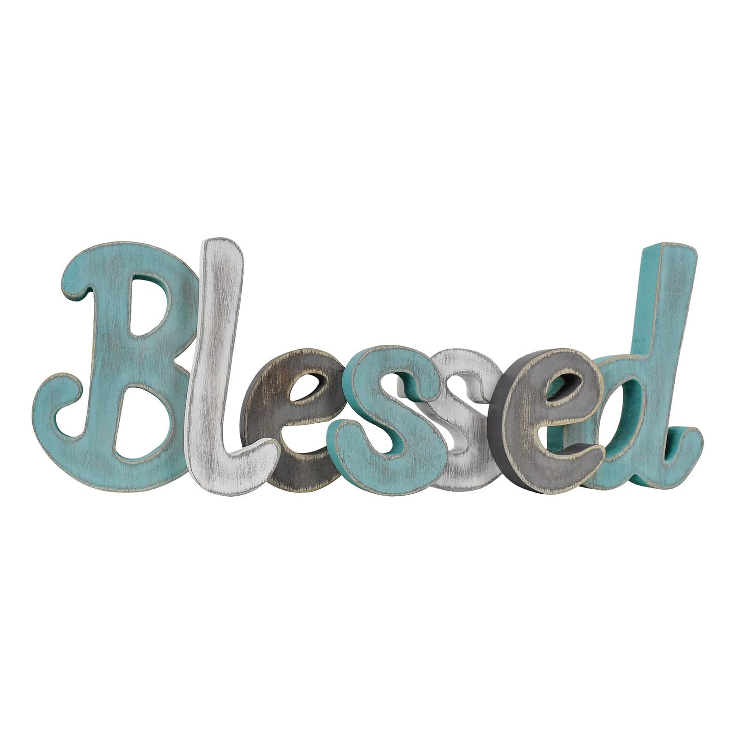 Teal Blessed Wooden Letters Wall Decor Freestanding Cut Out Decorative Wood Word Decor Signs for Living Room Shelf Mantel Table Top Rustic Home Decor