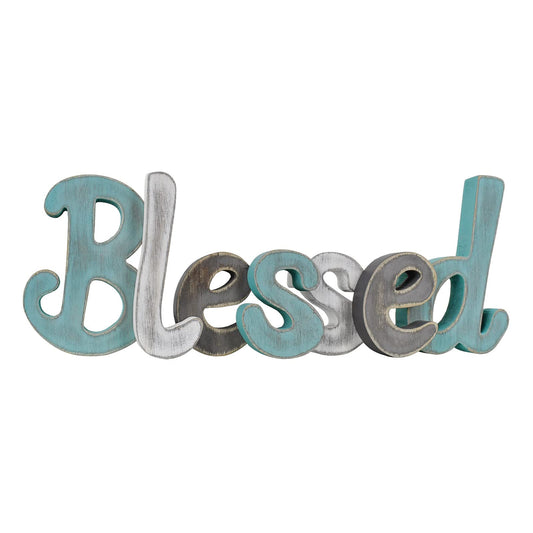 Teal Blessed Wooden Letters Wall Decor Freestanding Cut Out Decorative Wood Word Decor Signs for Living Room Shelf Mantel Table Top Rustic Home Decor