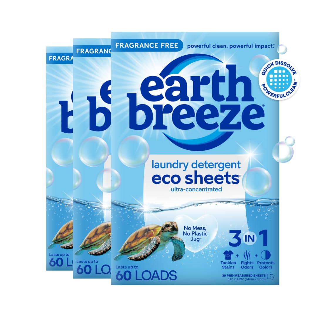 Earth Breeze Laundry Detergent Sheets Fresh Scent - 60 Loads Eco Liquidless Soap - Travel-Friendly for Hot & Cold Cycles, Tackles Tough Stains & Odors - Gentle on Skin, 30 Ct