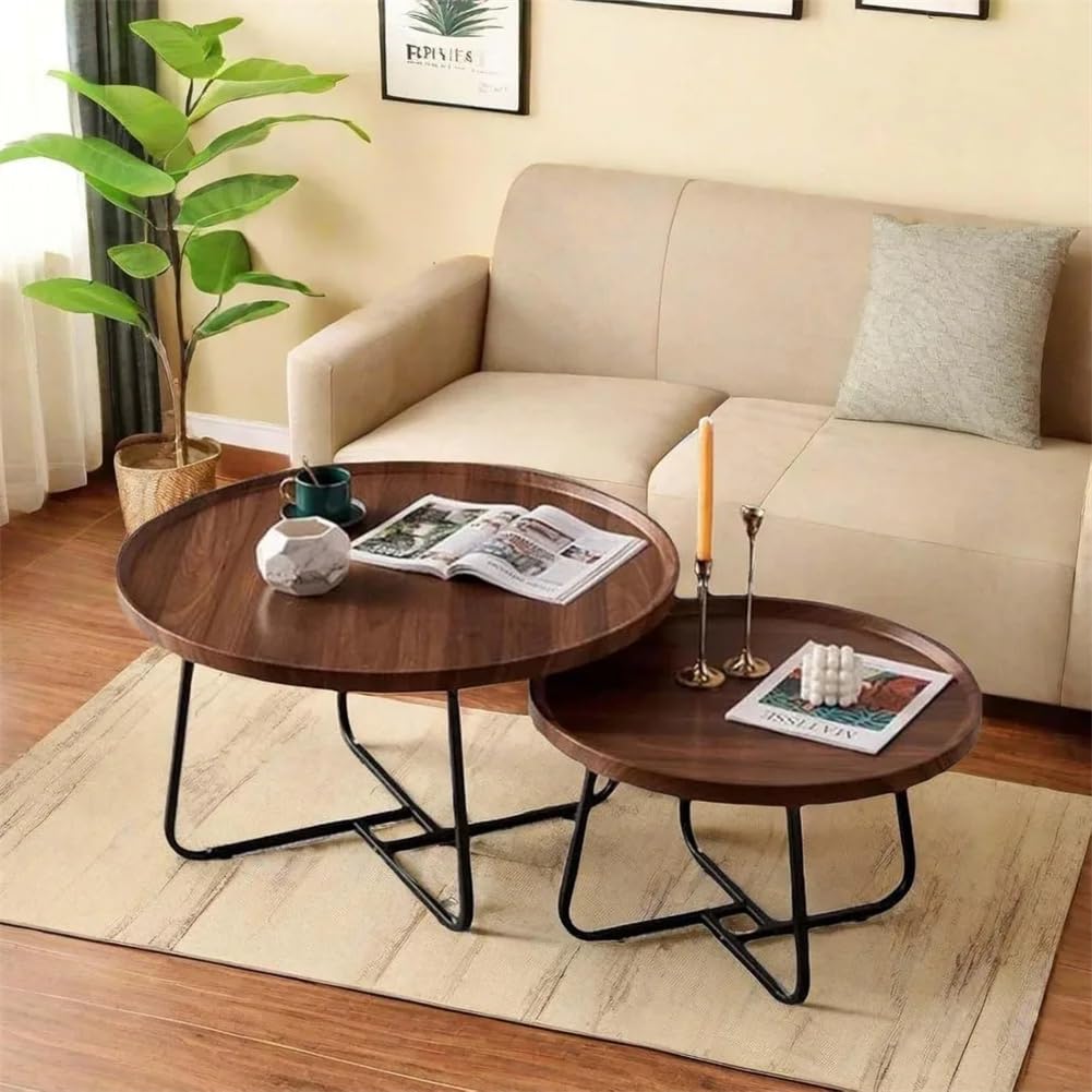 Nesting Coffee Table Set of 2, Round Center Table with Non Slip Feet Side,End Tables with Wood Grain Top for Living Room Office Wood Grain Brown,28 * 18in&20 * 15in