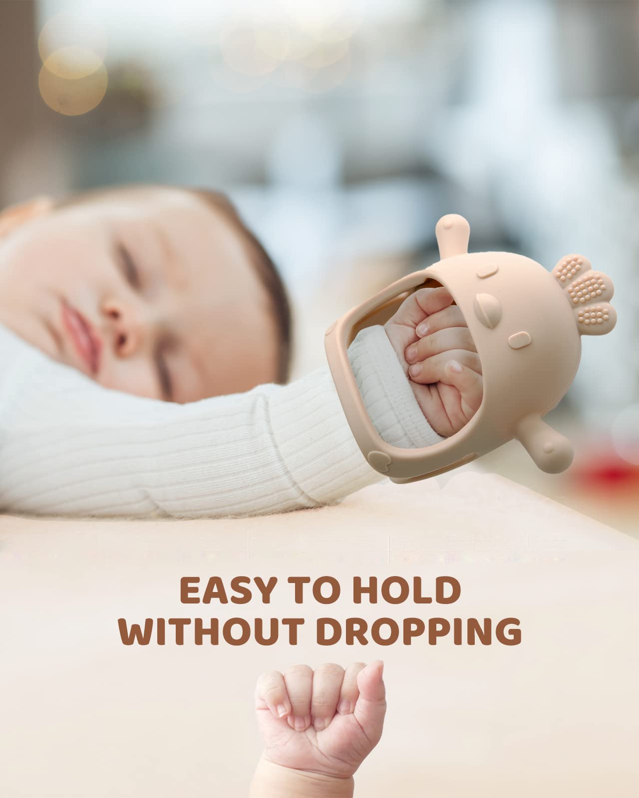 2 Packs Baby Teething Toy for 0-6 6-12 Months, Food Grade Silicone Teething Mitten, Anti Dropping Wrist Hand Teethers Baby Chew Toys for Sucking Needs, BPA Free (Green & Caramel)