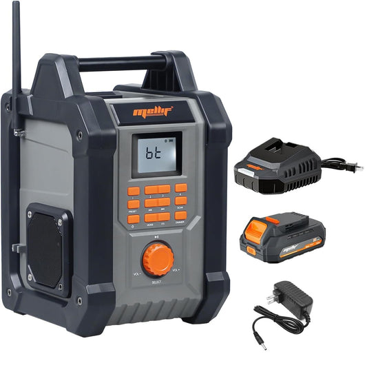 Mellif Jobsite Radio Speaker Compatible with Dewalt 20v Max Battery, Enhanced Signal Reception, 100ft Wireless Range, Stereo, IPX54 Waterproof, TWS, AM/FM Presets, 2.0 Battery & 18V AC Power Cord