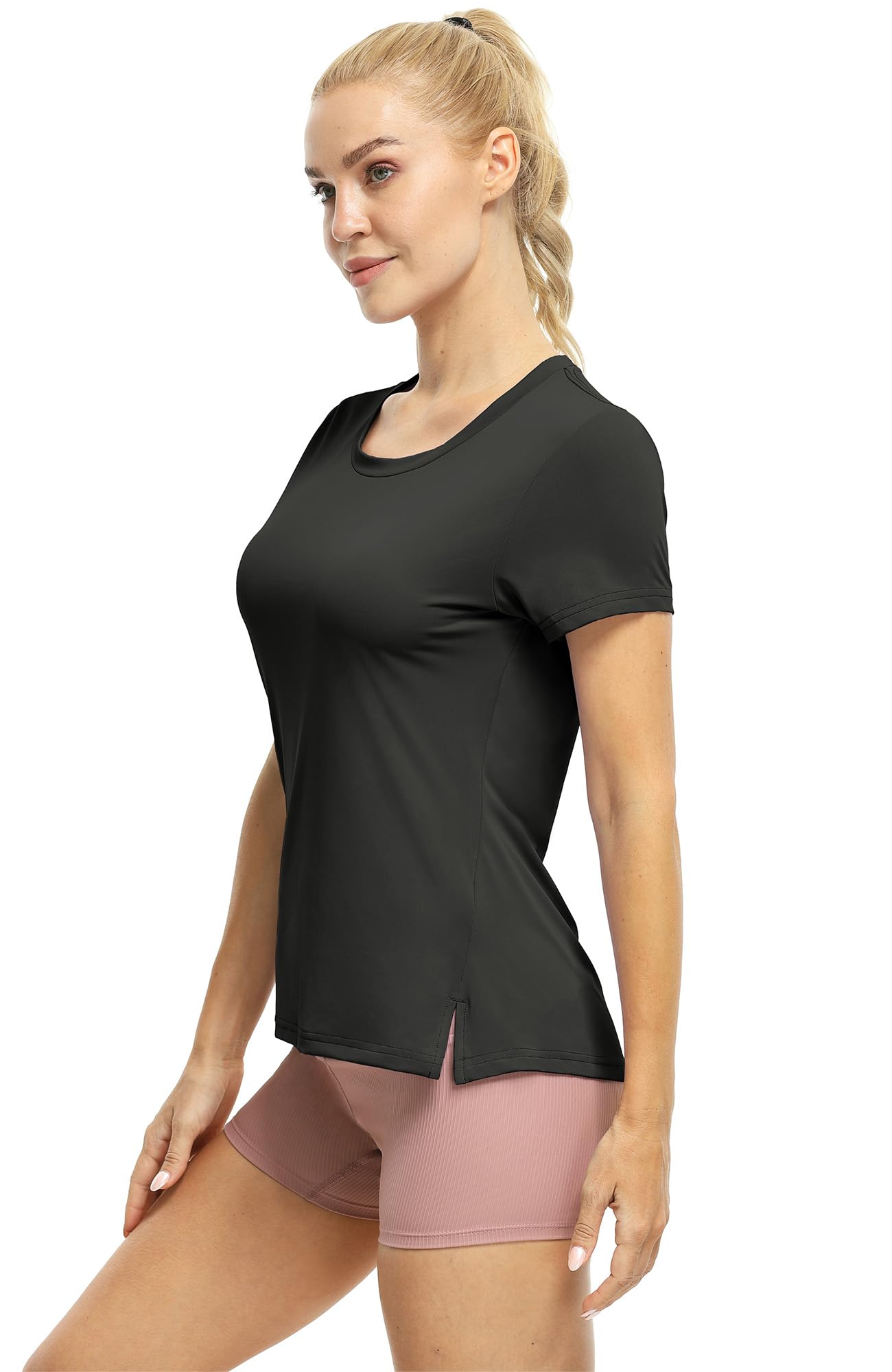 icyzone Women's Athletic Short Sleeve T-Shirts for Workout Running Yoga (Pack of 3) (Black/Natural Grey/Pale Peach, M)