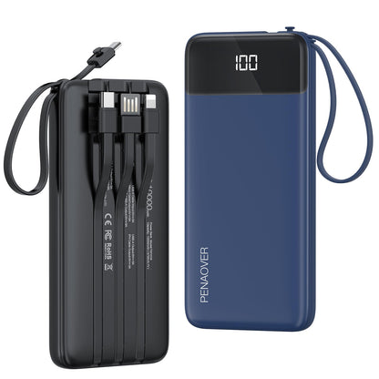 Portable Charger 10000mAh Power Bank with Built-in Cable, 5 Output 2 Input Travel Essential External Battery Pack with LED Display Compatible with iPhone 16/15 Samsung S22 Android,etc