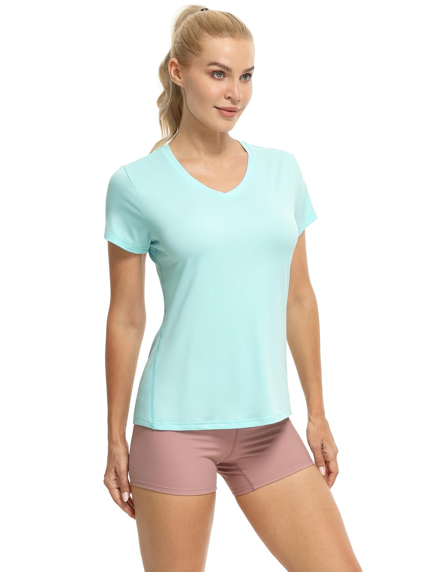 icyzone Workout Shirts Yoga Tops Activewear V-Neck T-Shirts for Women Running Fitness Sports Short Sleeve Tees (Dark Grey/True Navy/Aqua, S)