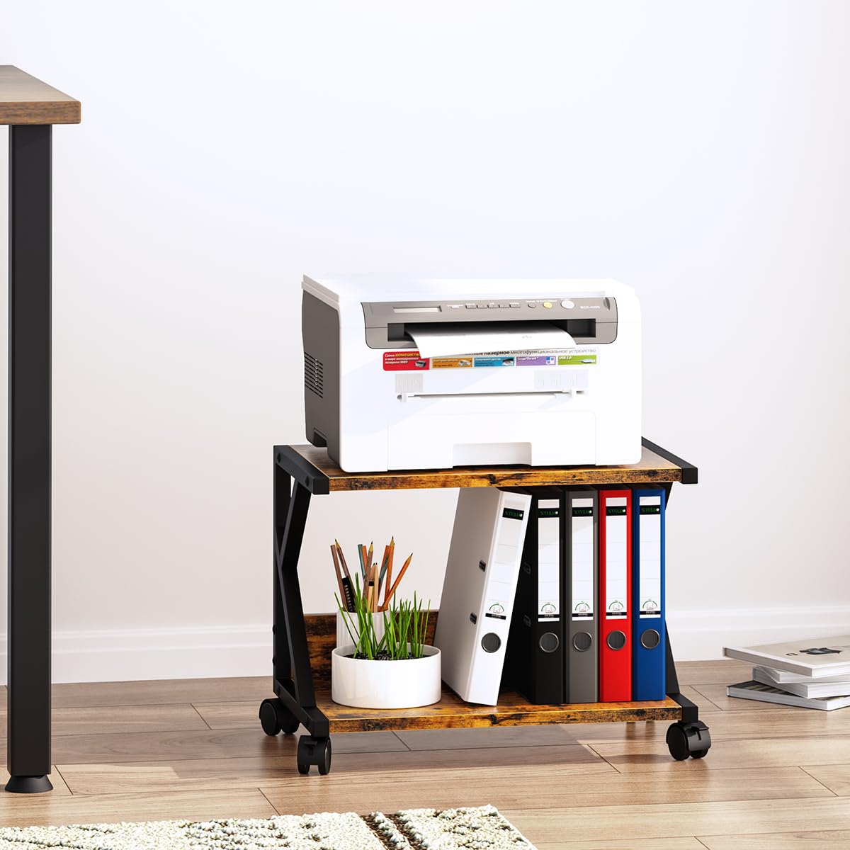 aboxoo Desktop Printer Stand with 2 Tier Wood Storage Shelves,Under Desk Printer Table,Multi-Purpose Home Office Desk Organizer for Fax Machine, Scanner (Rustic Brown)