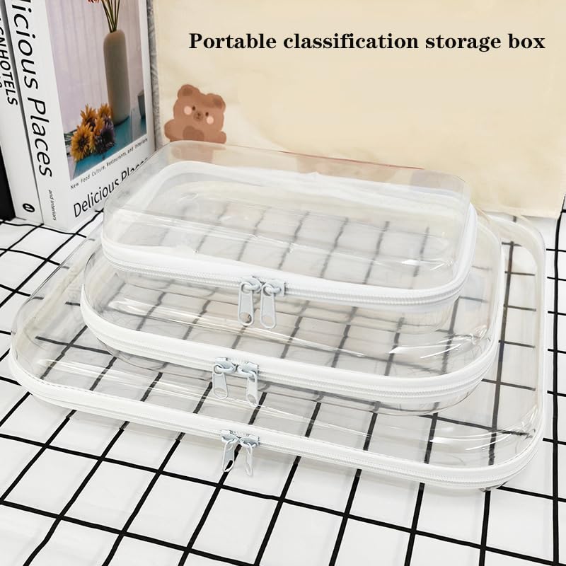 3 Pack Clear Hard Shell Zipper Case, Plastic Storage Pouch Bags With Zipper (Clear, Small+Medium+Large)