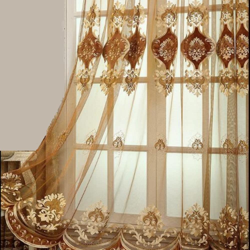 Amidoudou European Luxury Embroidered Sheer Curtains for Living Room Bedroom Tulle Curtains (2 Panels, 63 x 90 inches, Coffee)
