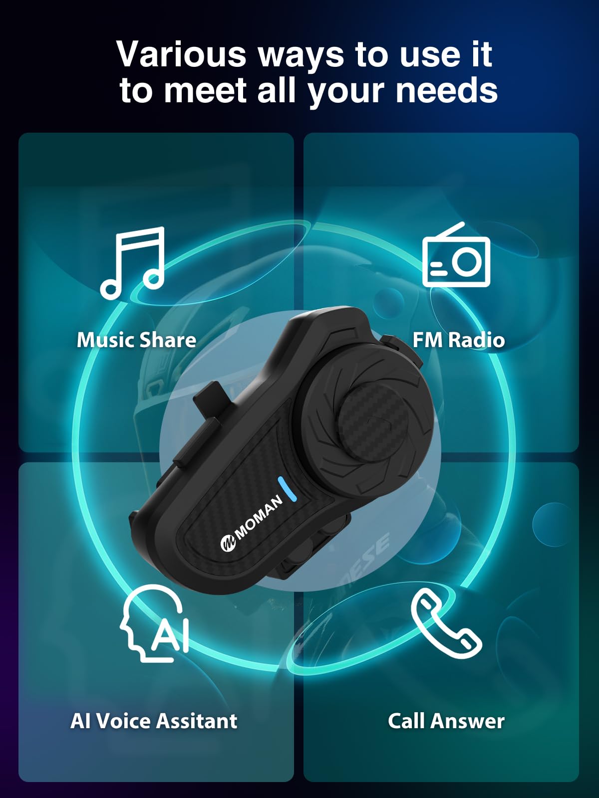 Moman Motorcycle Intercom, H2 Pro【2 Pack Carbon】 Helmet Headset Wireless Communication System to 1000M with DSP&CVC Noise Cancellation IP65 Waterproof FM, Motorcycle-Intercom-Headset-Helmet-Motobike