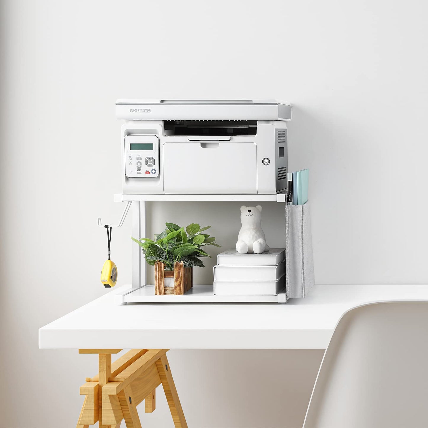 Printer Stand Under Desk Printer Table with Wheels 2 Tier Small Printer Cart with Storage Bag Desktop White Printer Stands for Home Office Fax Machine Scanner Files (White)