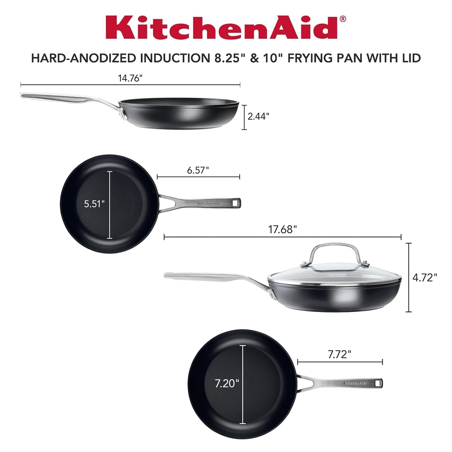 KitchenAid Hard Anodized Induction Nonstick Frying Pan Set With Lid, 3-Piece – 8 & 10 Inch Skillets, Durable, Even Heating, Dishwasher & Oven Safe, Easy-Clean, Matte Black