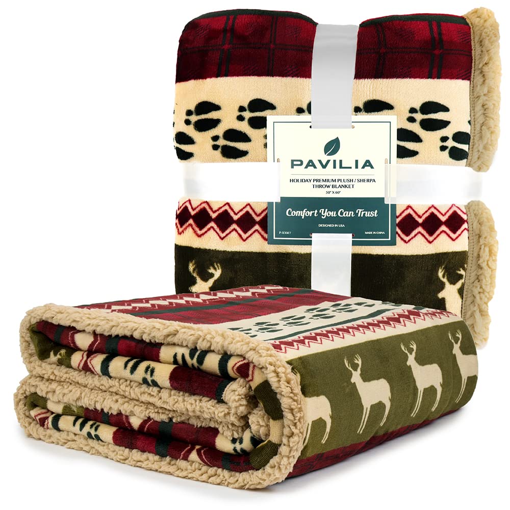 PAVILIA Premium Christmas Blanket Sherpa Fleece Throw| Plush Christmas Decoration, Reindeer, Cozy Reversible Winter Holiday Cabin Blanket for Sofa Couch 50x60