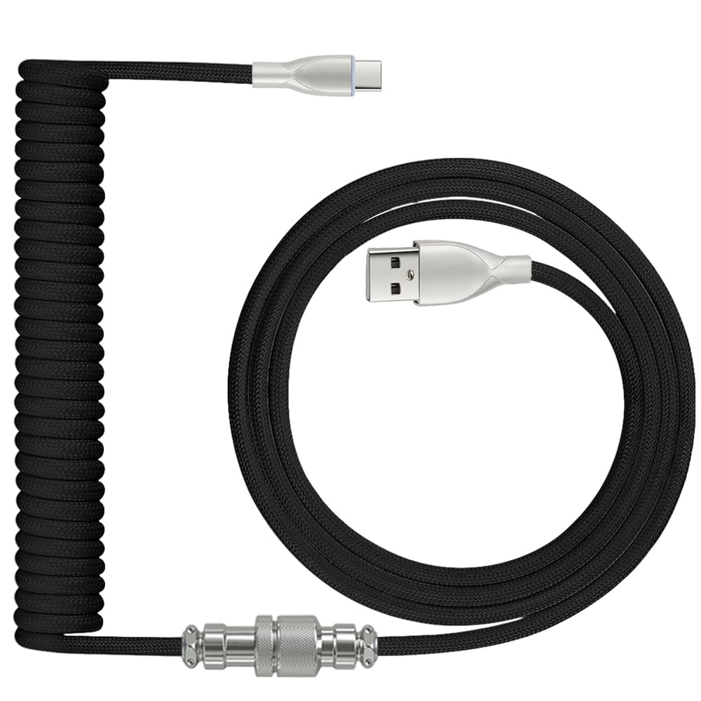 Coiled Keyboard Cable: 1.5M USB-C to USB-A Braided Cord with Detachable Aviator Connector, Durable & Tangle-Free for Custom & Mechanical Gaming Keyboards (Black)