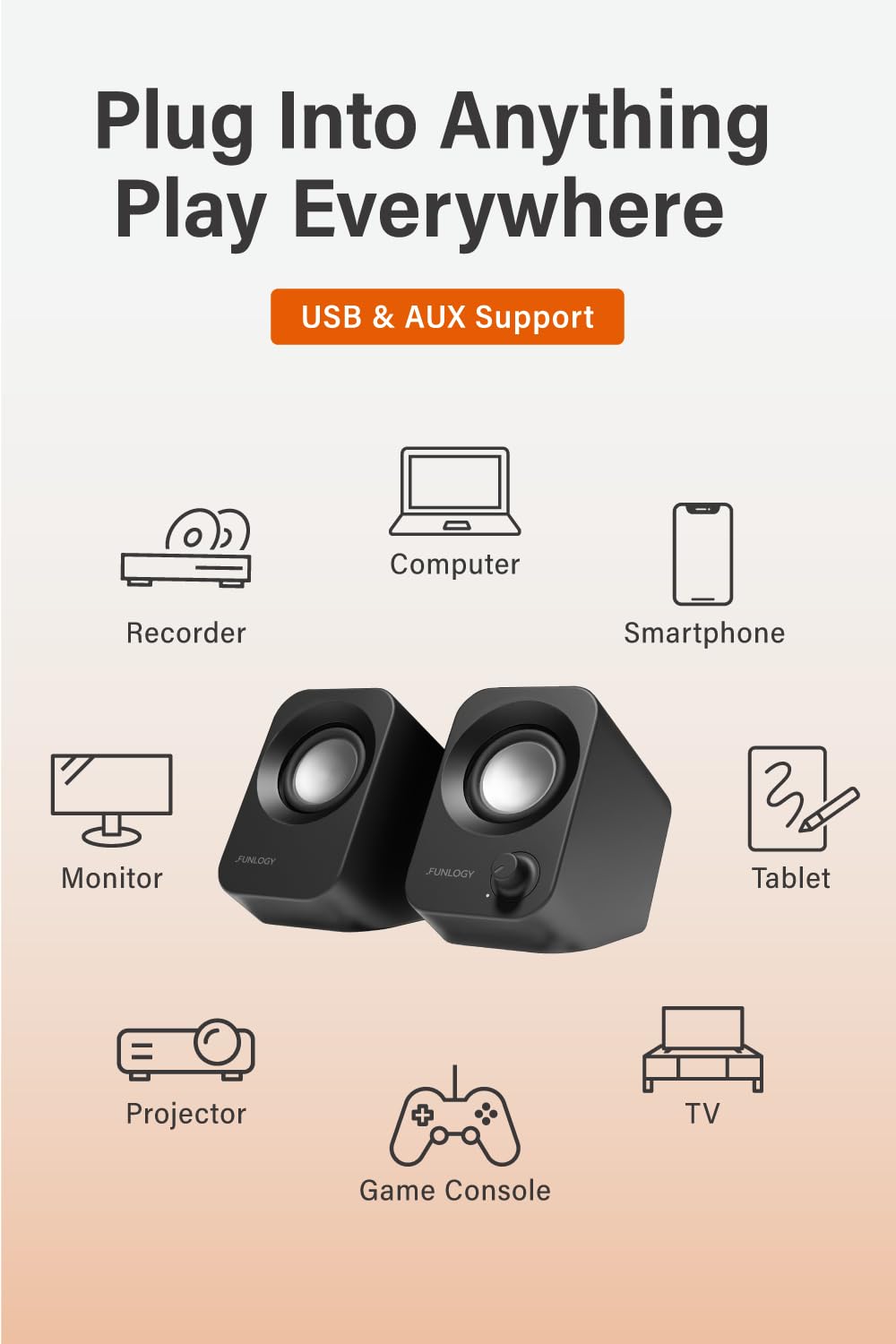 FUNLOGY Speaker - 14W Stereo PC Speakers, USB Powered, Compact Size with 30° Tilt Design, Volume Dial Control, for Desktop, Laptop, Monitor, Gaming Consoles, Black