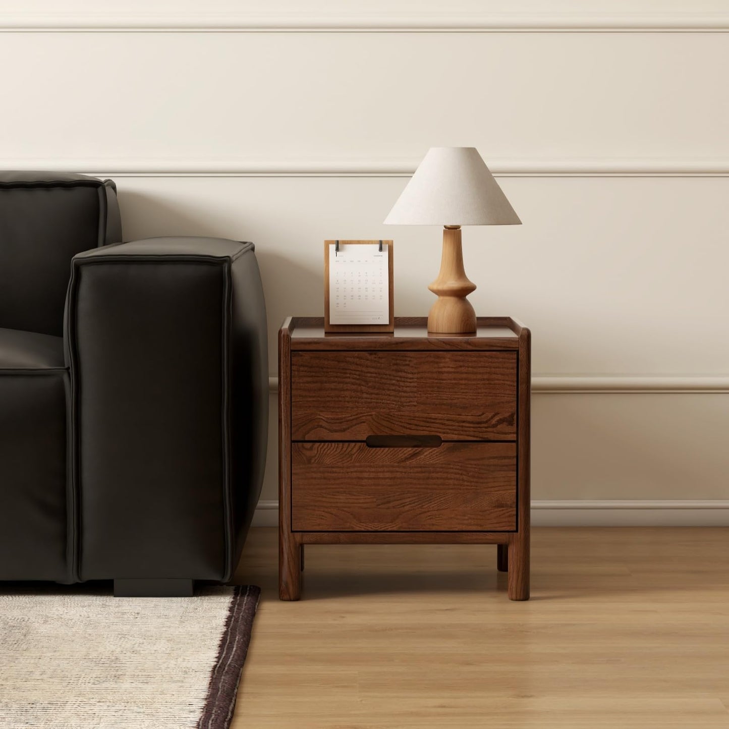 Wayshome Solid Wood Oak Nightstand, Mid Century Modern Night Stand with 2 Drawer, Small Nightstand for Small Spaces, Wood Side End Tables Living Room, Bedroom(Walnut, 17.13" H)