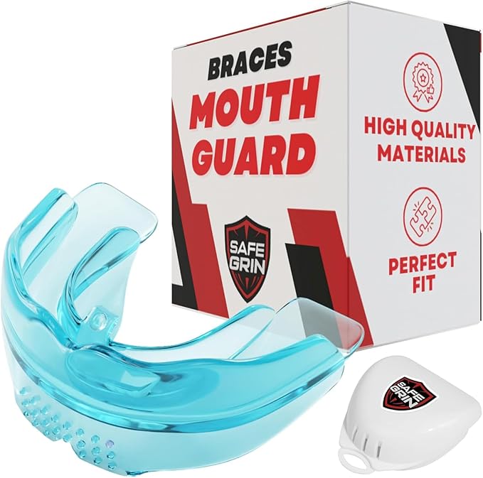 SafeGrin Blue Mouth Guard for Braces for Sports - Premium Silicone Teens & Youth Upper & Lower Teeth Protection for Sports - Football, Lacrosse, Hockey, Baseball