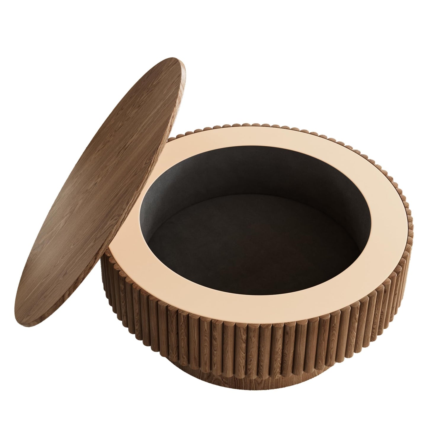 Rophefx Round Coffee Table with Storage, Wood Circle Coffee Tables for Living Room, Fluted Modern Circle Drum Center Tea Tables, ø31.5" x 14"H, Walnut Color