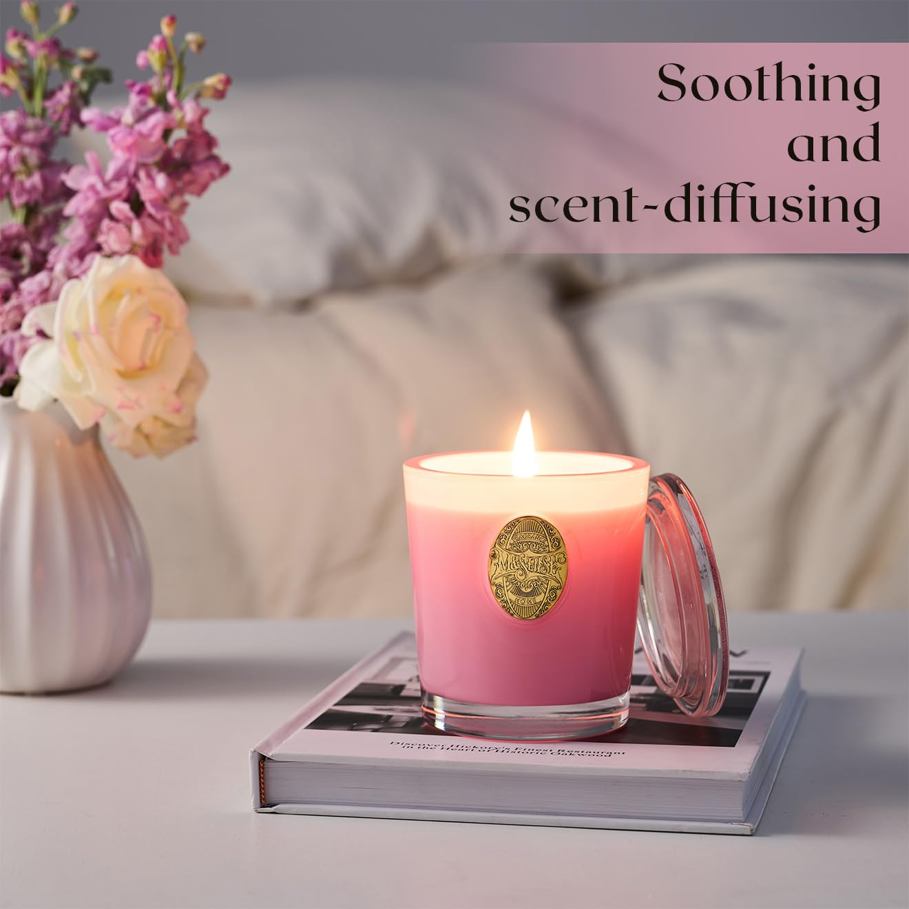 M&SENSE Natural Soy Candle| Peony Blush Pink | 10.2 oz, 55H Burn | Luxury Scented Candle for Relaxation, Gifting, Home Décor | for Bedroom, Office, Party