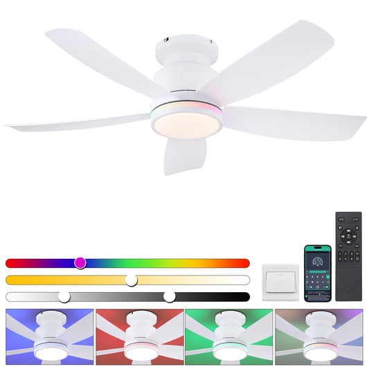 Ceiling Fans with Lights and Remote/APP Control, 41" Low Profile Ceiling Fan with Dimmable White Lights+RGB Ring Lights, 5 Reversible Curved Blades 3 CCT 6 Speeds for Bedroom Living Room, White