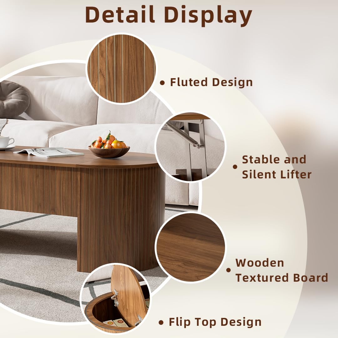 Lift Top Coffee Table with Hidden Storage Compartment, Oval Wooden Coffee Table with Lift Tabletop for Living Room, Mid Century Modern Center Table for Home Office, 47 Inch (Walnut)