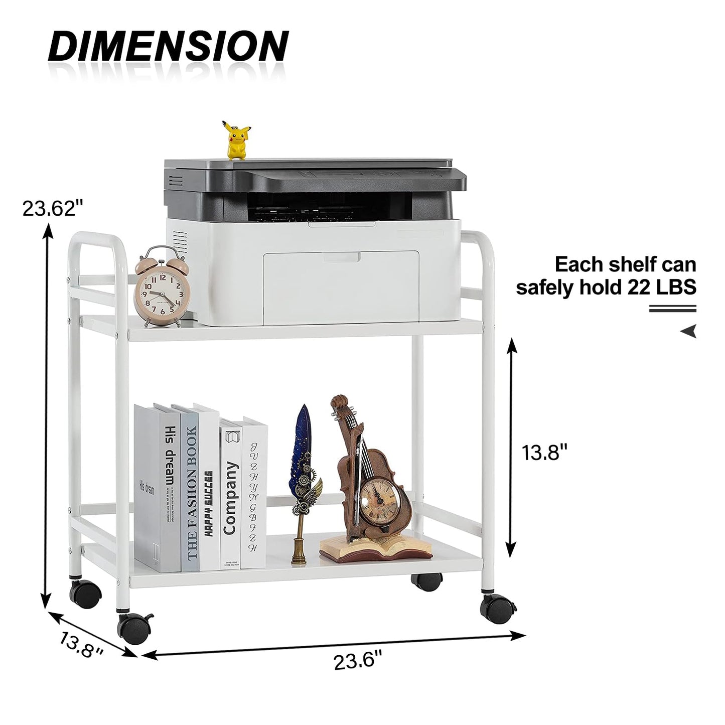 HDANI 2 Tier Under Desk Printer Stand with Storage,Microwave Storage Rack,Metal Rolling Printer Cart with Wheels for Home Office,Utility Storage Cart and Stand,White