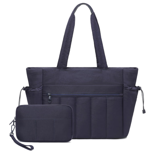 Tote Bag for Women, Lightweight Puffer Tote Bag with Compartments, Quilted Shoulder Bag Handbag with Zipper for Work Blue (2 Pack)